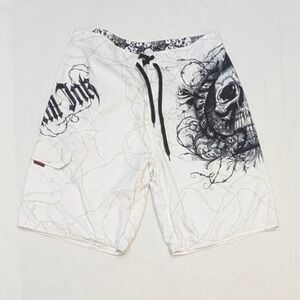 Miami Ink Men's White Skull Barbed Wire Graphic Board Shorts 36 Y2K Tattoo